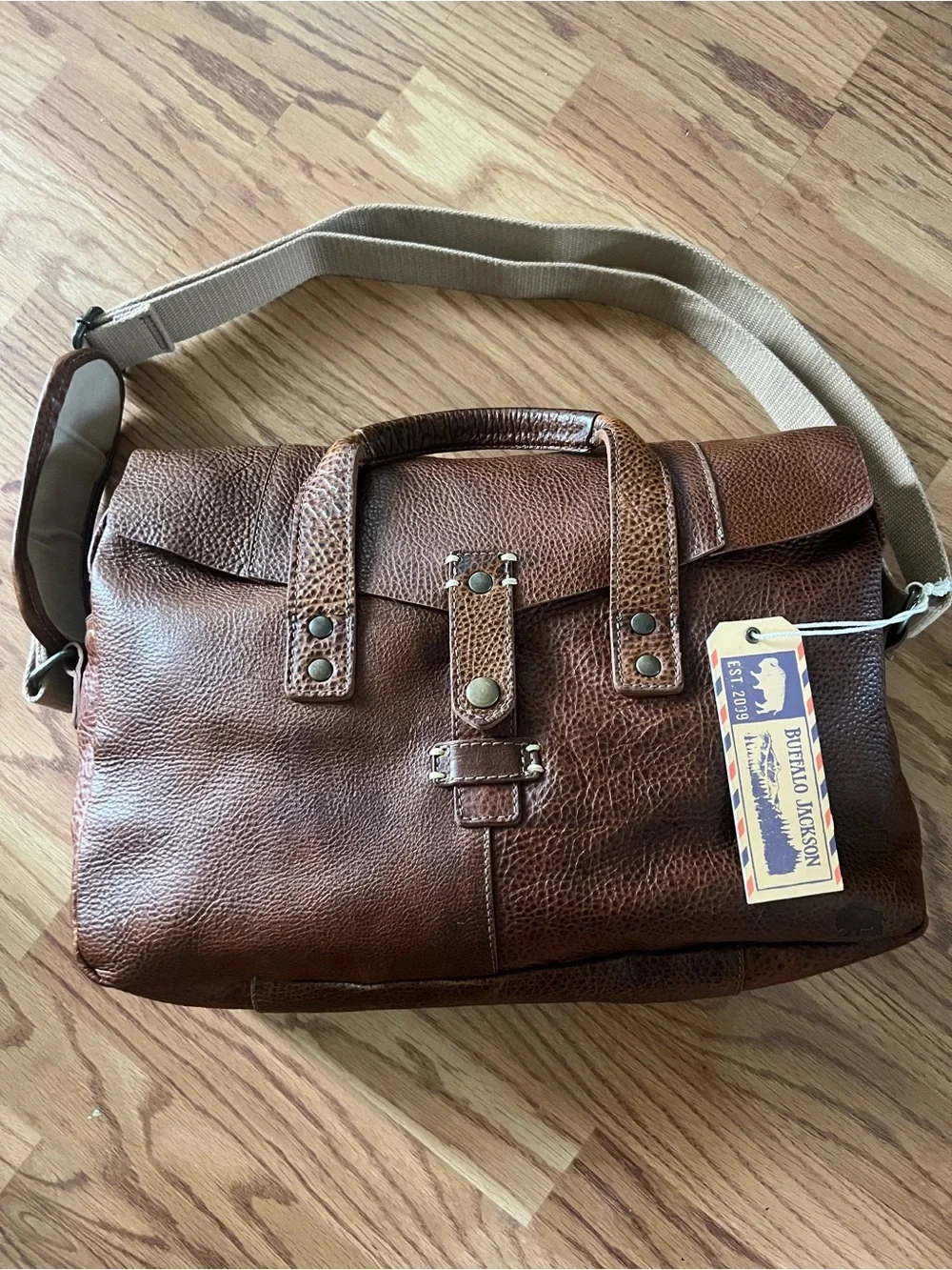 Buffalo Jackson Co. Premium Brown Leather Briefcase with Canvas Shoulder Strap